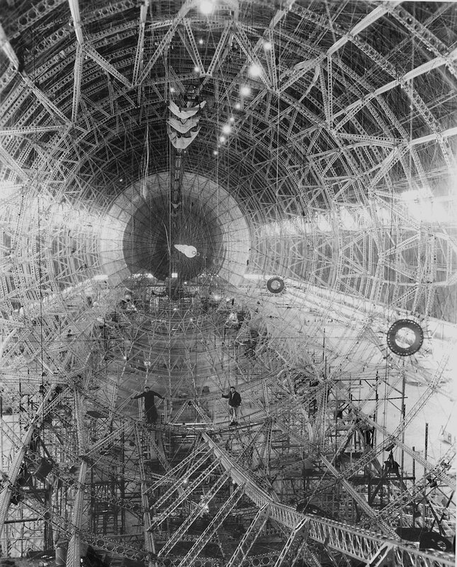 Inside a massive airship hangar