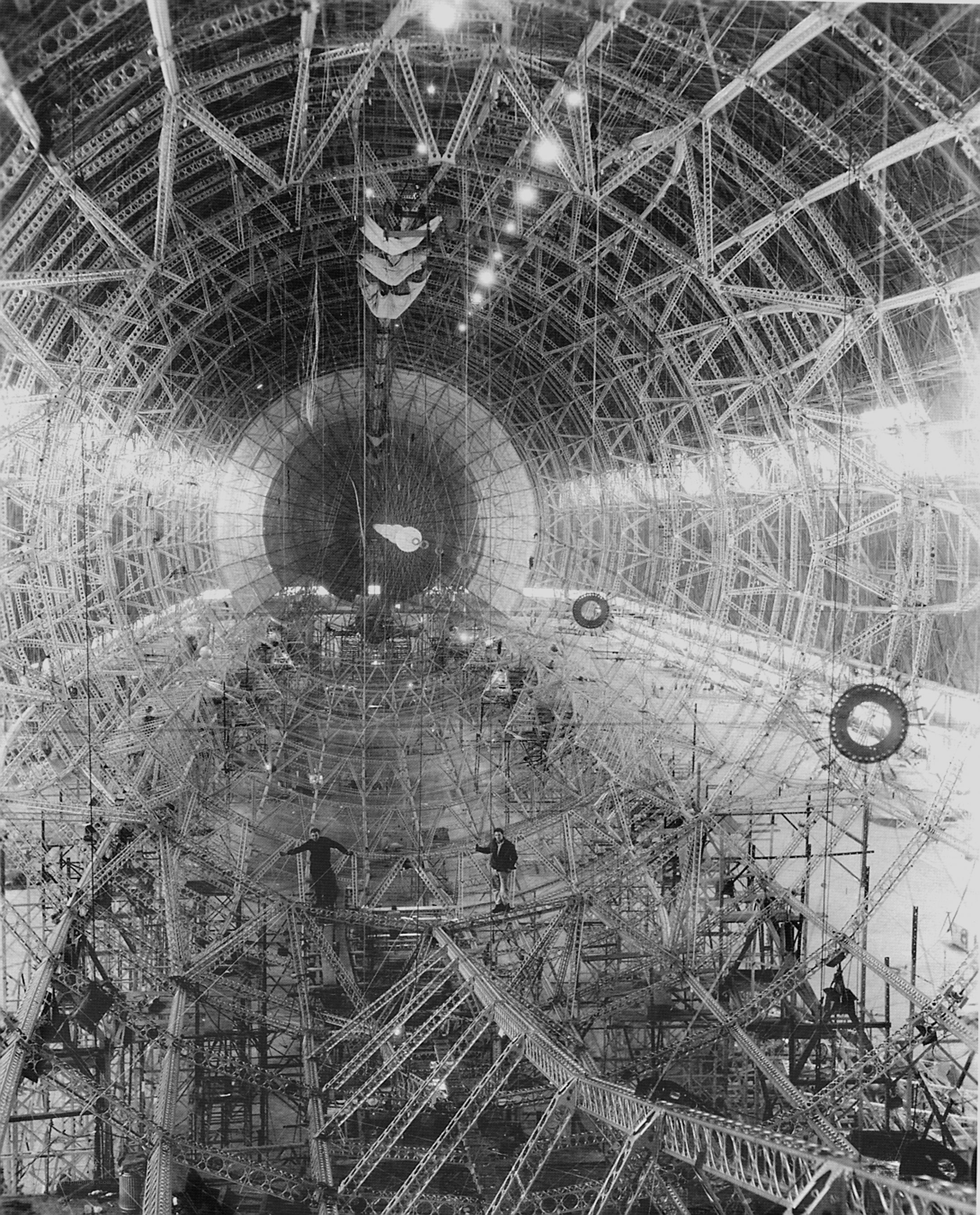 Inside a massive airship hangar