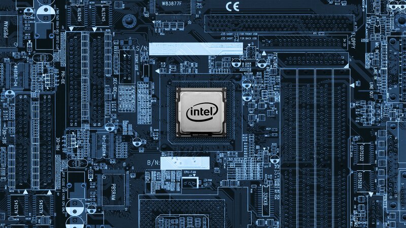 Intel CPU on Motherboard — Blue, Technical, Digital Art, Circuitry