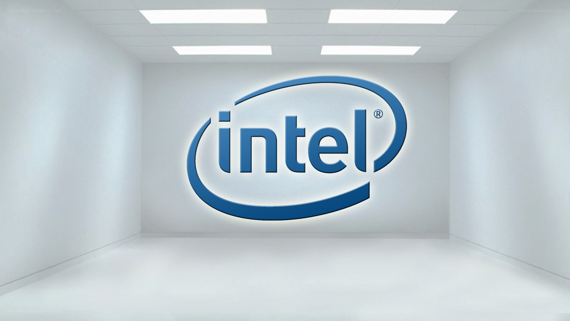 Intel logo in a white room