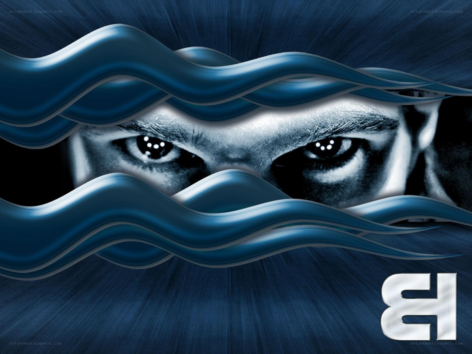 intense eyes behind blue waves