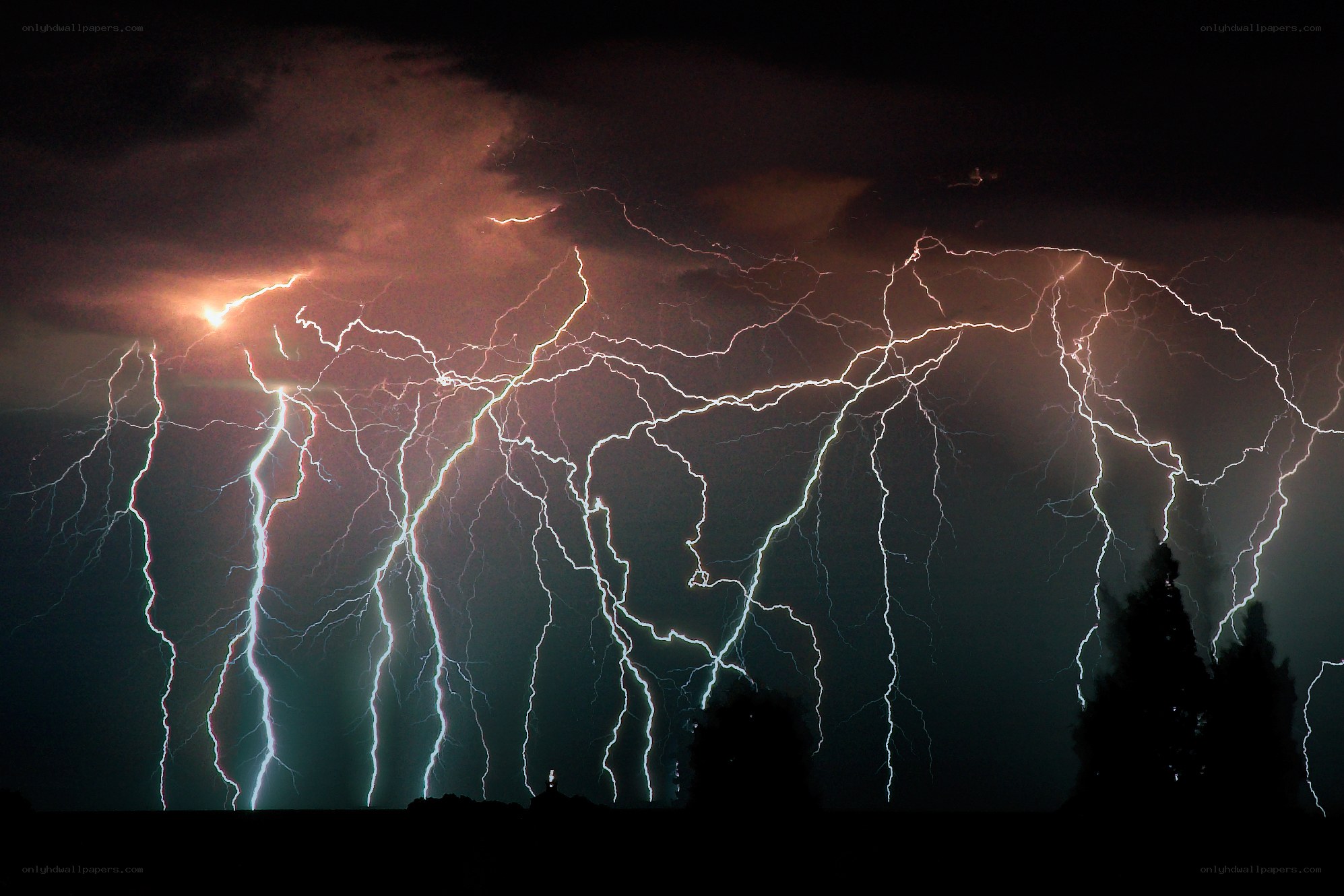 Intense lightning storm at night