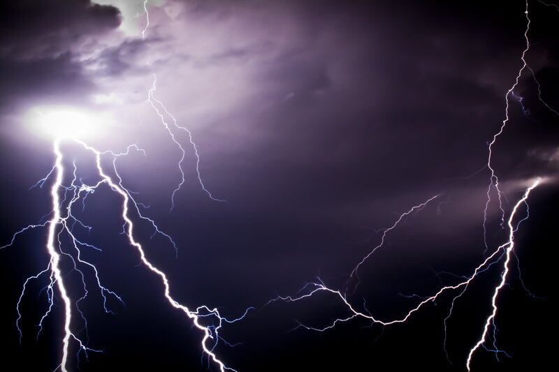 Intense lightning storm at night