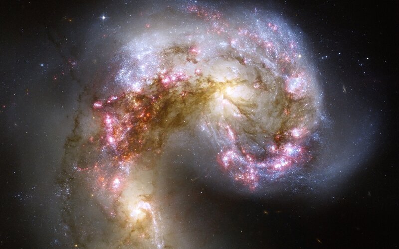 Interacting Spiral Galaxies — White, Cosmic, Photograph, Stars, Nebulae, Dust