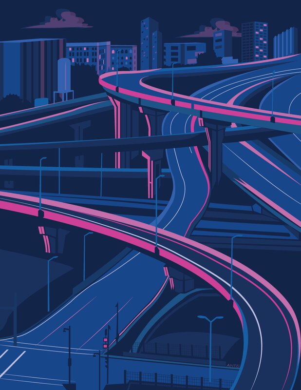 Interconnected Highways at Night — Blue