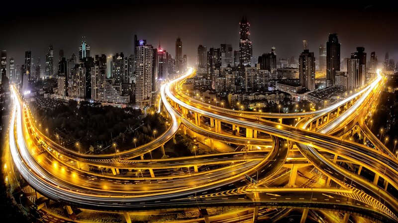 Interconnected Highways at Night — Yellow
