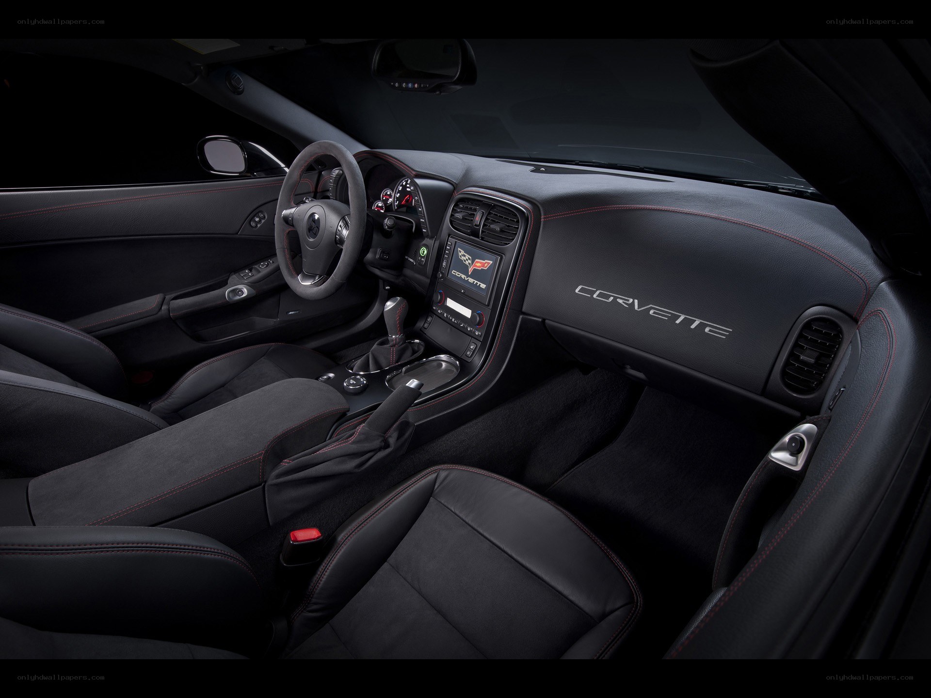 Interior of a black Corvette