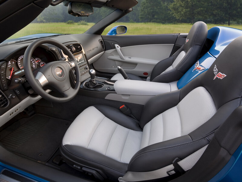 interior of a blue corvette