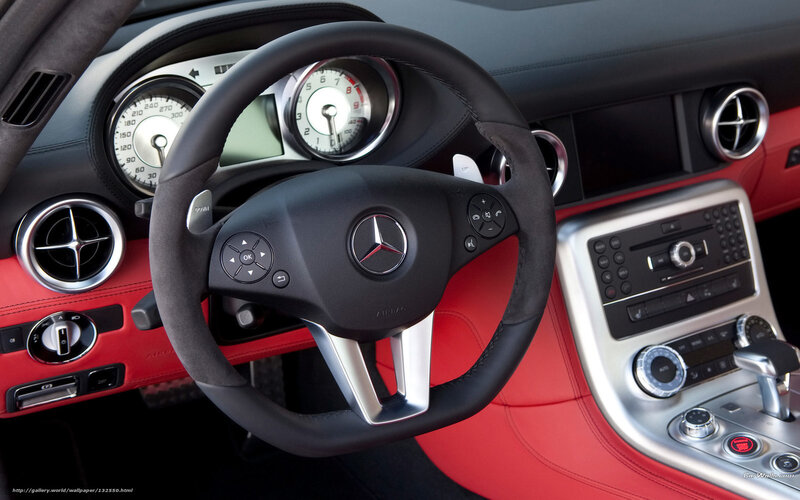 Interior of a Car — Black, Modern, Photograph, Steering Wheel, Dashboard, Center Console, Red Leather