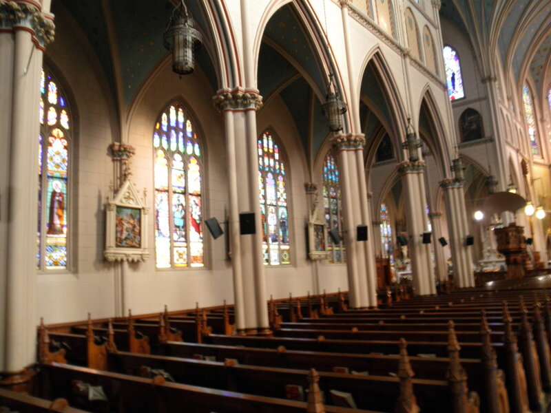 Interior of a cathedral with stained glass