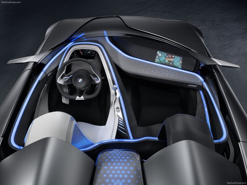 Interior of a Concept Car — Black, Futuristic, Photograph, Steering Wheel, Dashboard