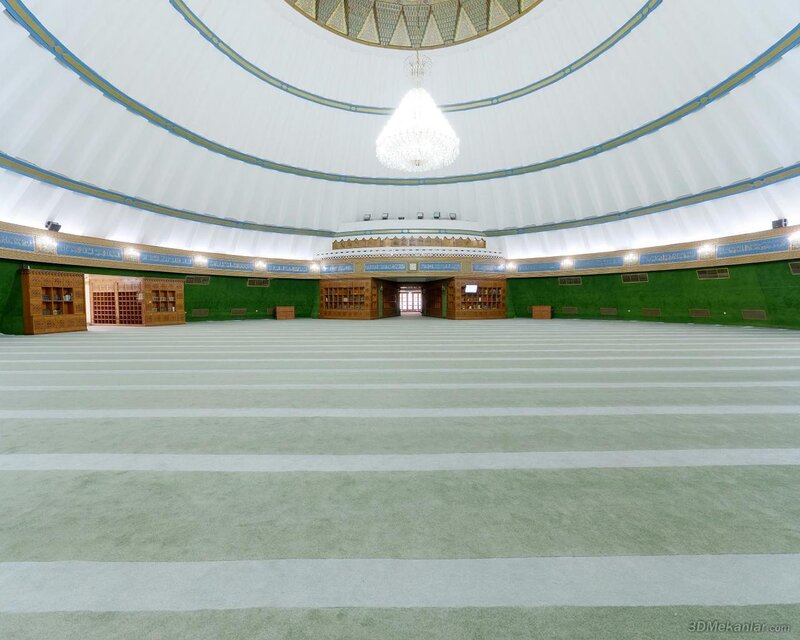 Interior of a Mosque — White, Serene, Photograph, Chandelier, Carpet