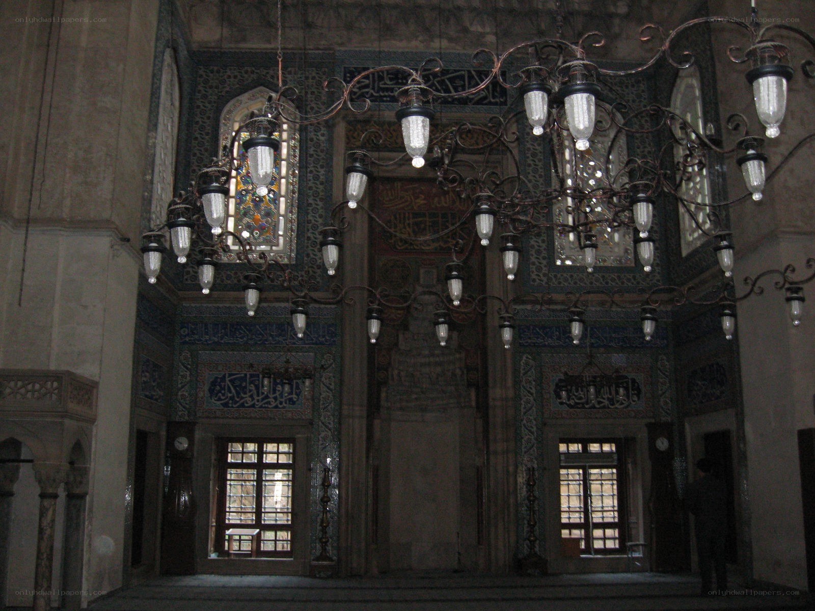 Interior of a mosque with chandeliers