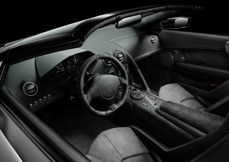 Interior of a Sports Car — Black, Dramatic, Photograph, Steering Wheel, Dashboard, Carbon Fiber, Gray