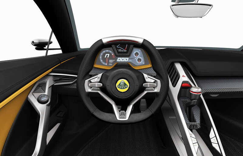 Interior of a Sports Car — Black, Modern, 3d Render, Steering Wheel, Dashboard
