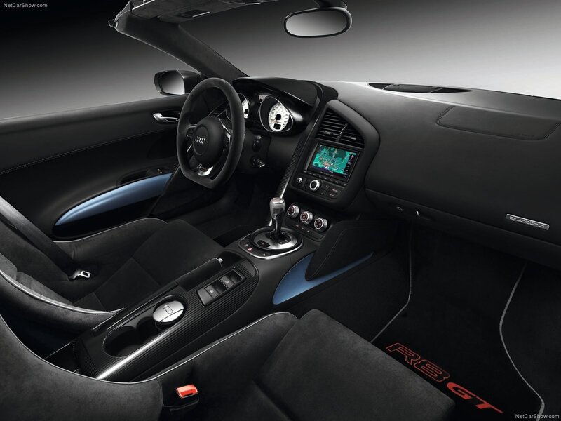 Interior of a Sports Car — Black, Sleek, Photograph, Steering Wheel, Dashboard, Center Console, Blue