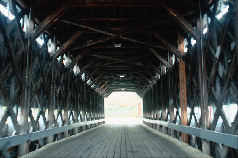 Interior of a wooden covered bridge