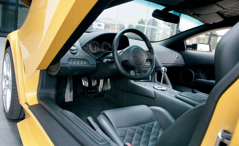 Interior of a yellow sports car