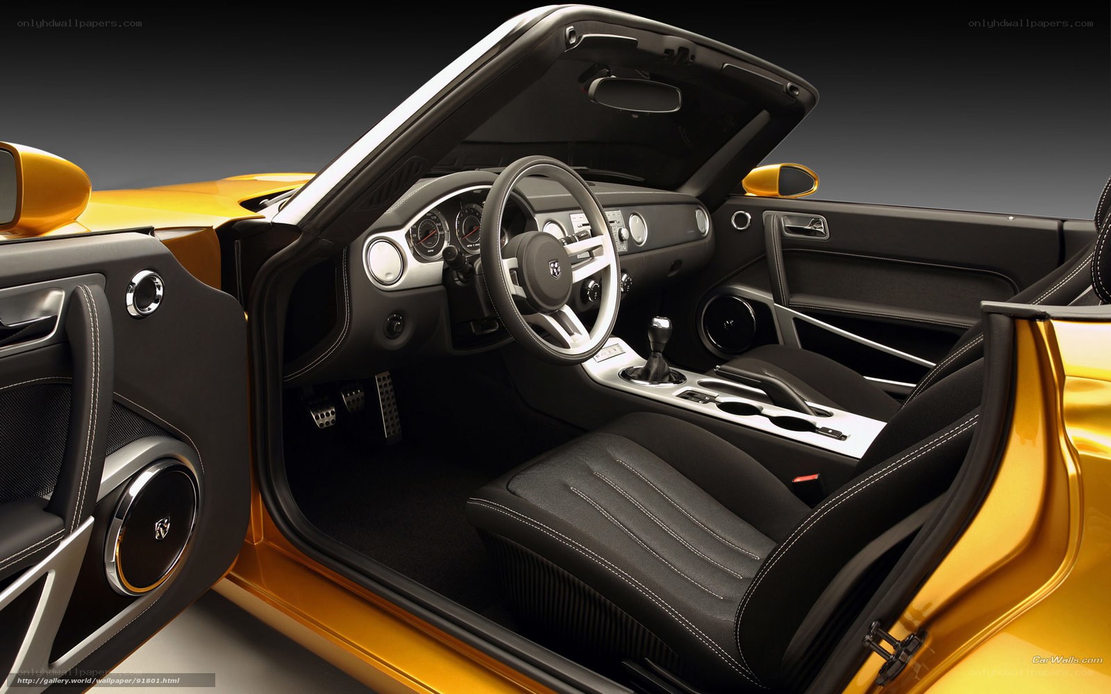 Interior of a yellow sports car