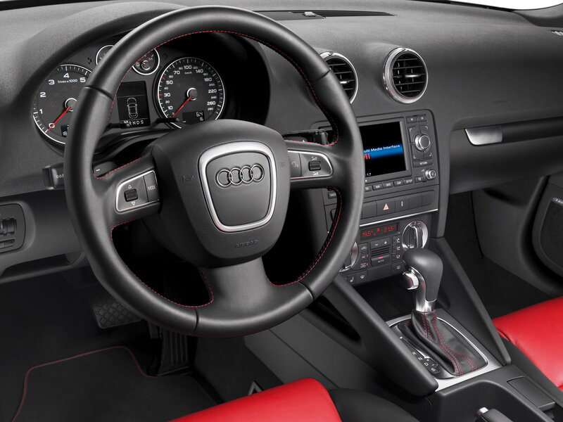 Interior of Audi Car — Black, Modern, Photograph, Steering Wheel, Dashboard, Gear Shift, Red
