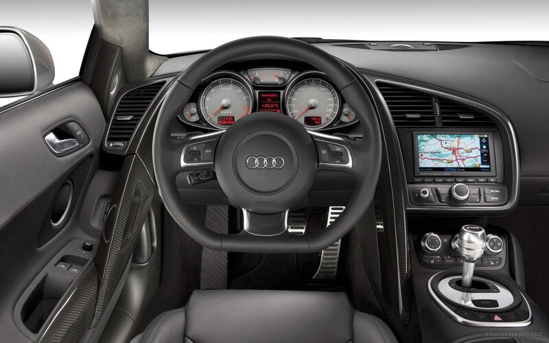 Interior of Audi R8 — Black, Modern, Photograph, Steering Wheel, Dashboard, Gear Shift, Gray