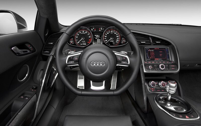 Interior of Audi R8 — Black, Modern, Photograph, Steering Wheel, Dashboard