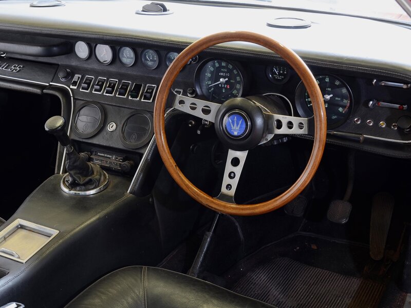 Interior of Classic Car — Black, Photograph, Steering Wheel, Dashboard, Gear Shift, Brown, Silver