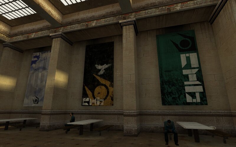 Interior with large banners