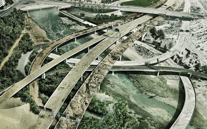 Interwoven Highway Overpass — Green, Dramatic