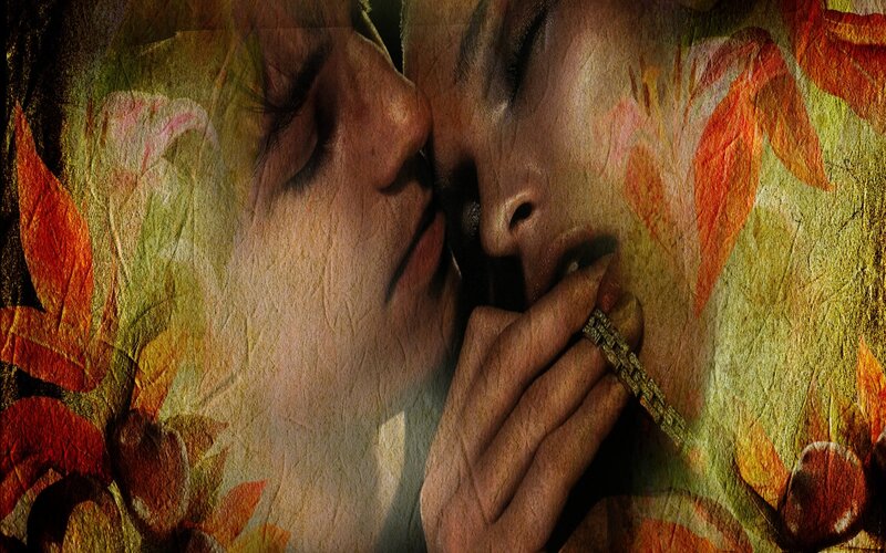 intimate couple with autumn leaves