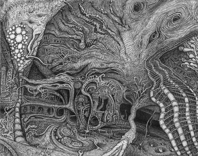 Intricate black and white illustration