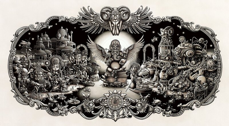 Intricate black and white illustration
