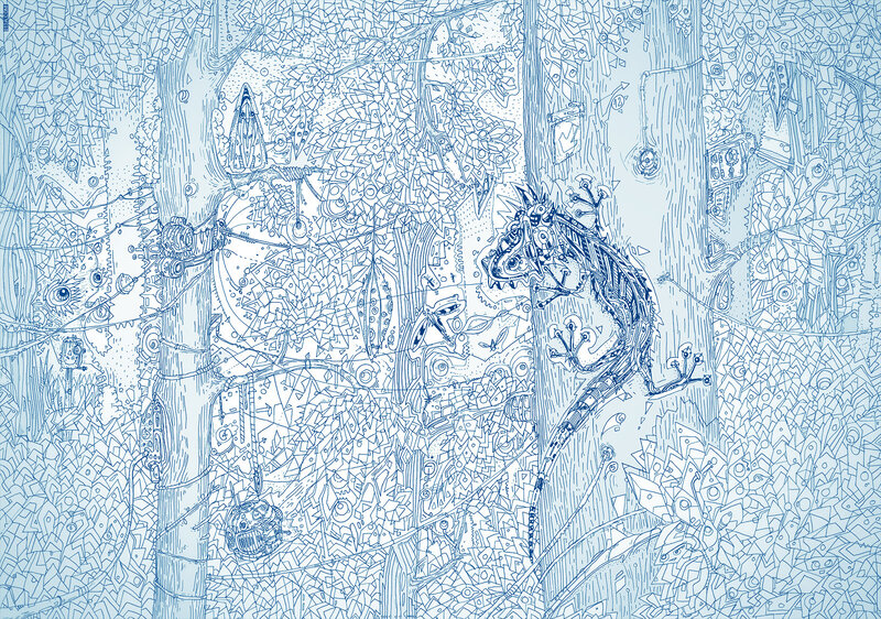 intricate blue line art forest