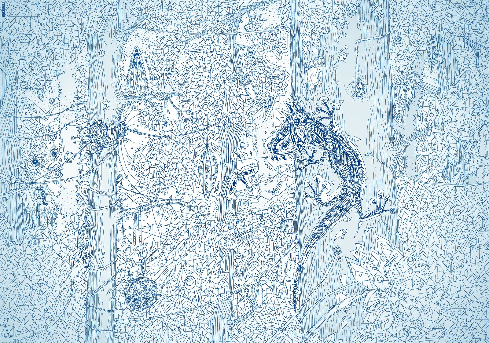 intricate blue line art forest