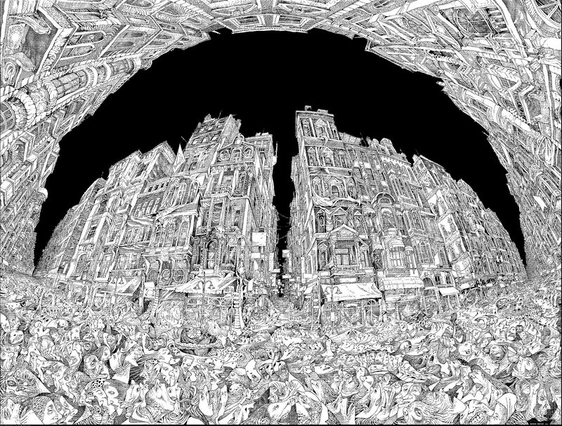 Intricate cityscape drawing