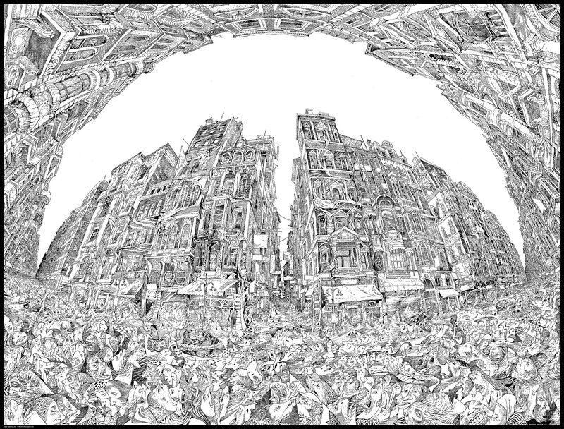 Intricate cityscape drawing