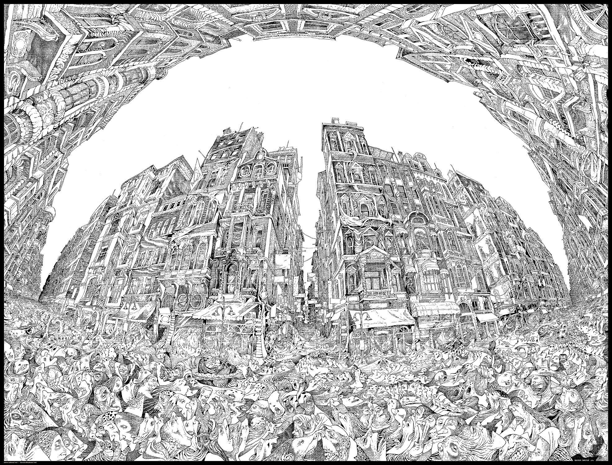 Intricate cityscape drawing