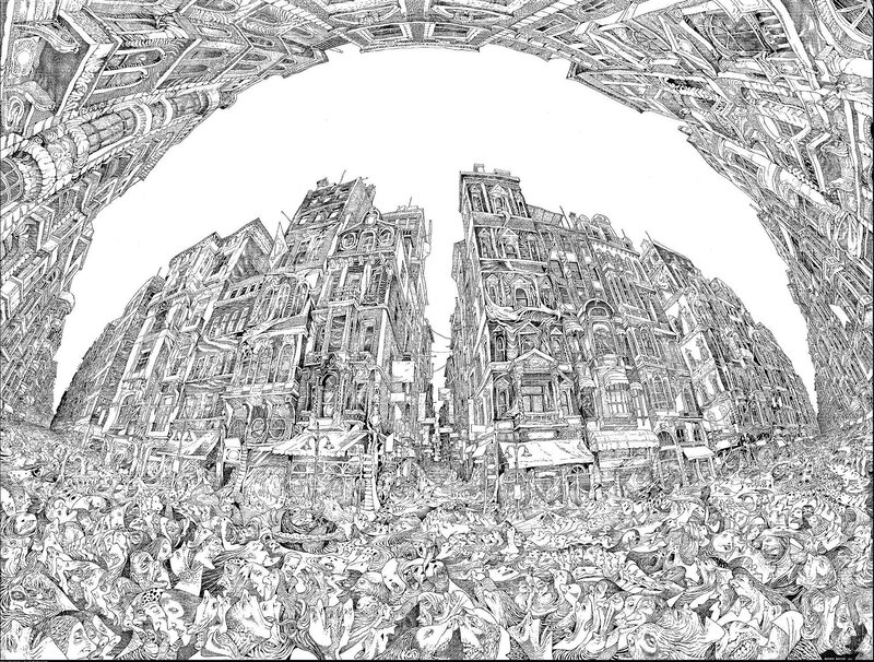 Intricate cityscape drawing