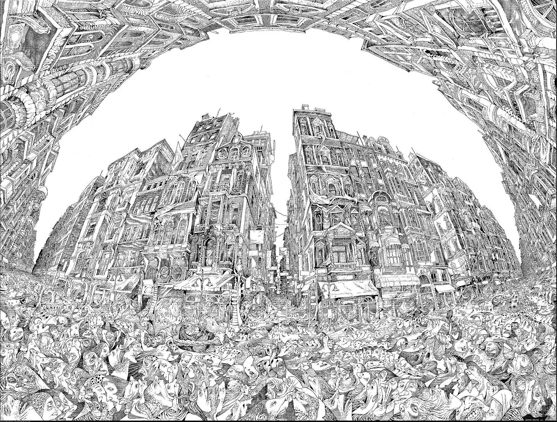 Intricate cityscape drawing