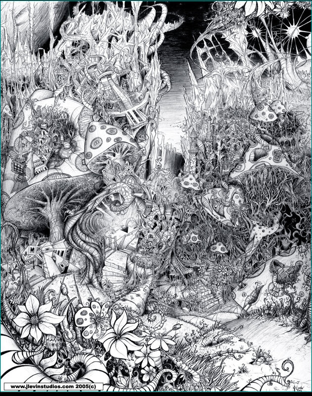 Intricate fantasy landscape drawing