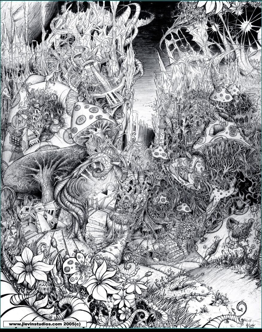 Intricate fantasy landscape drawing