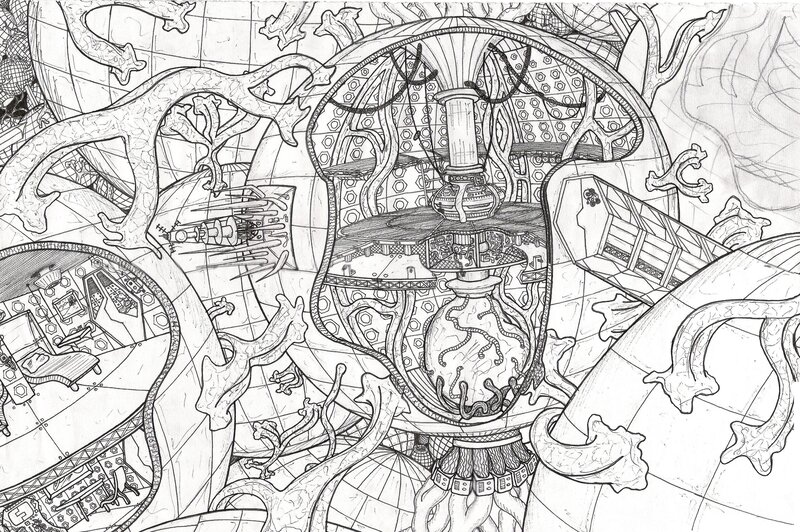 intricate mechanical fantasy drawing