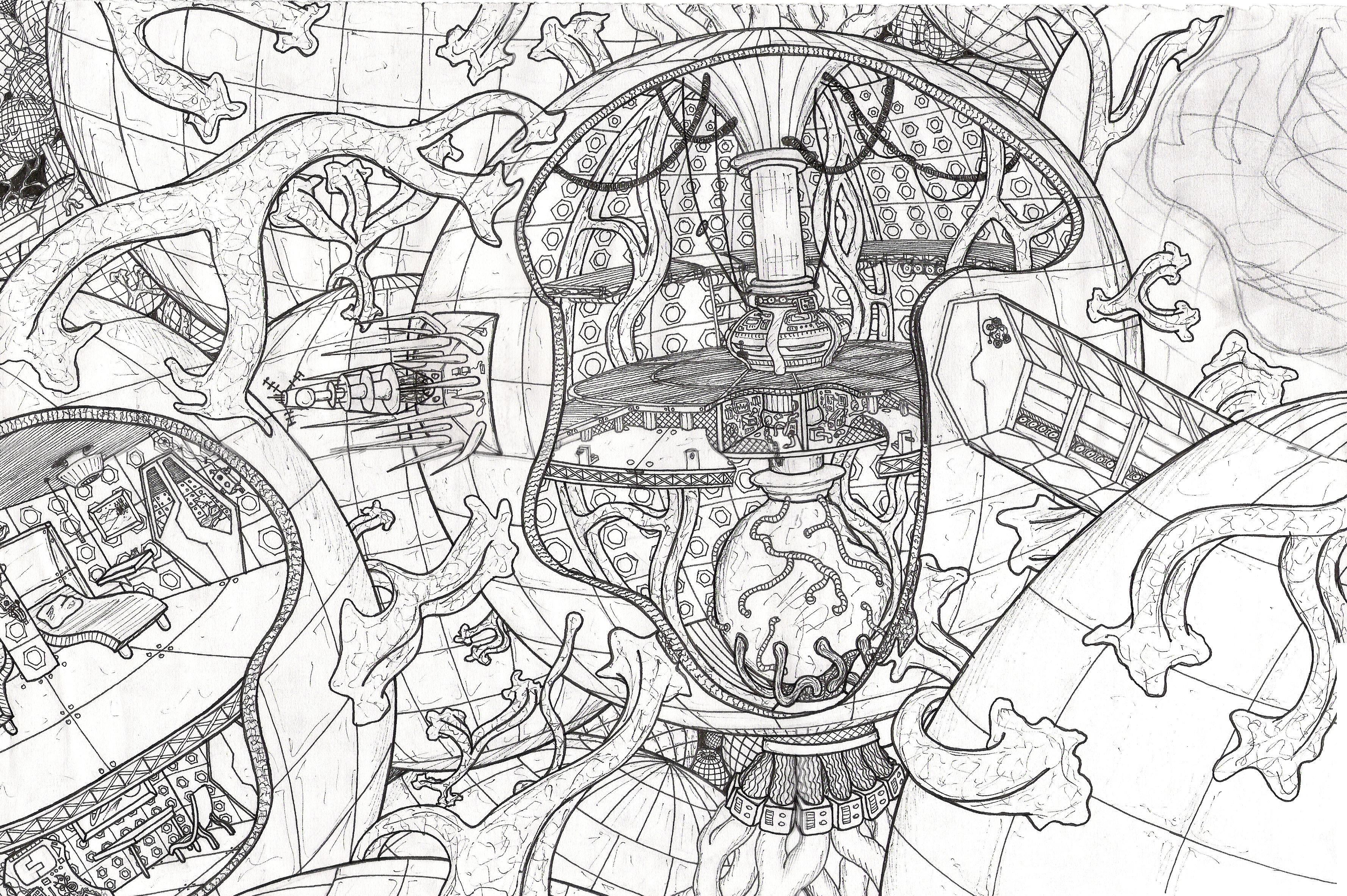 intricate mechanical fantasy drawing