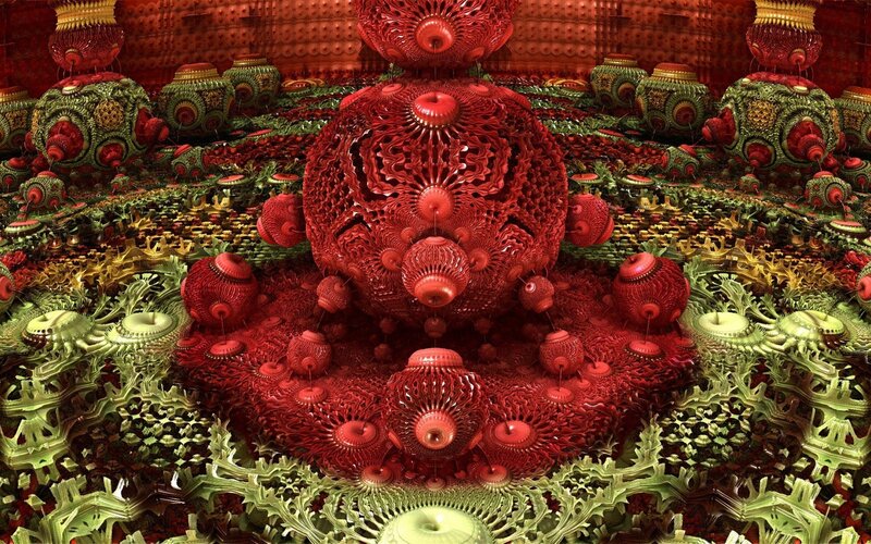 intricate red and green fractal art