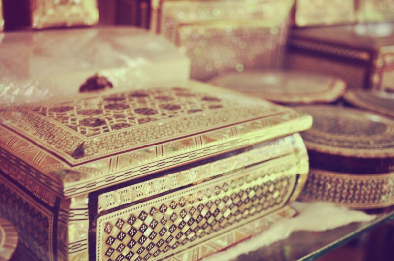 Intricate wooden boxes on display