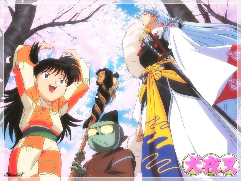 Inuyasha and friends under cherry blossoms