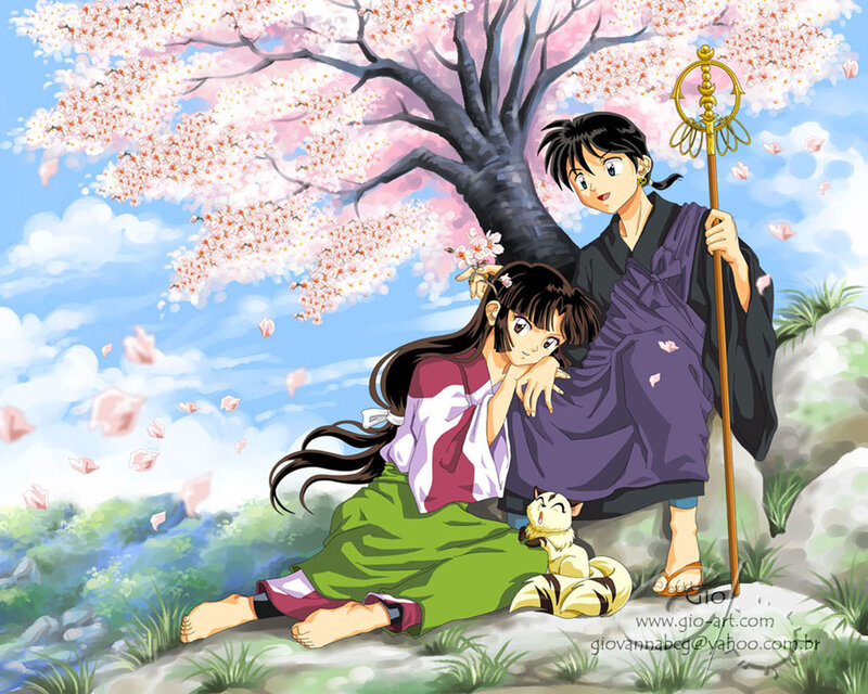 Inuyasha and Kagome under cherry blossoms