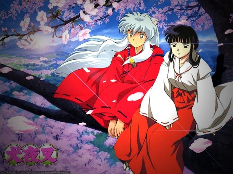 Inuyasha and Kagome under cherry blossoms