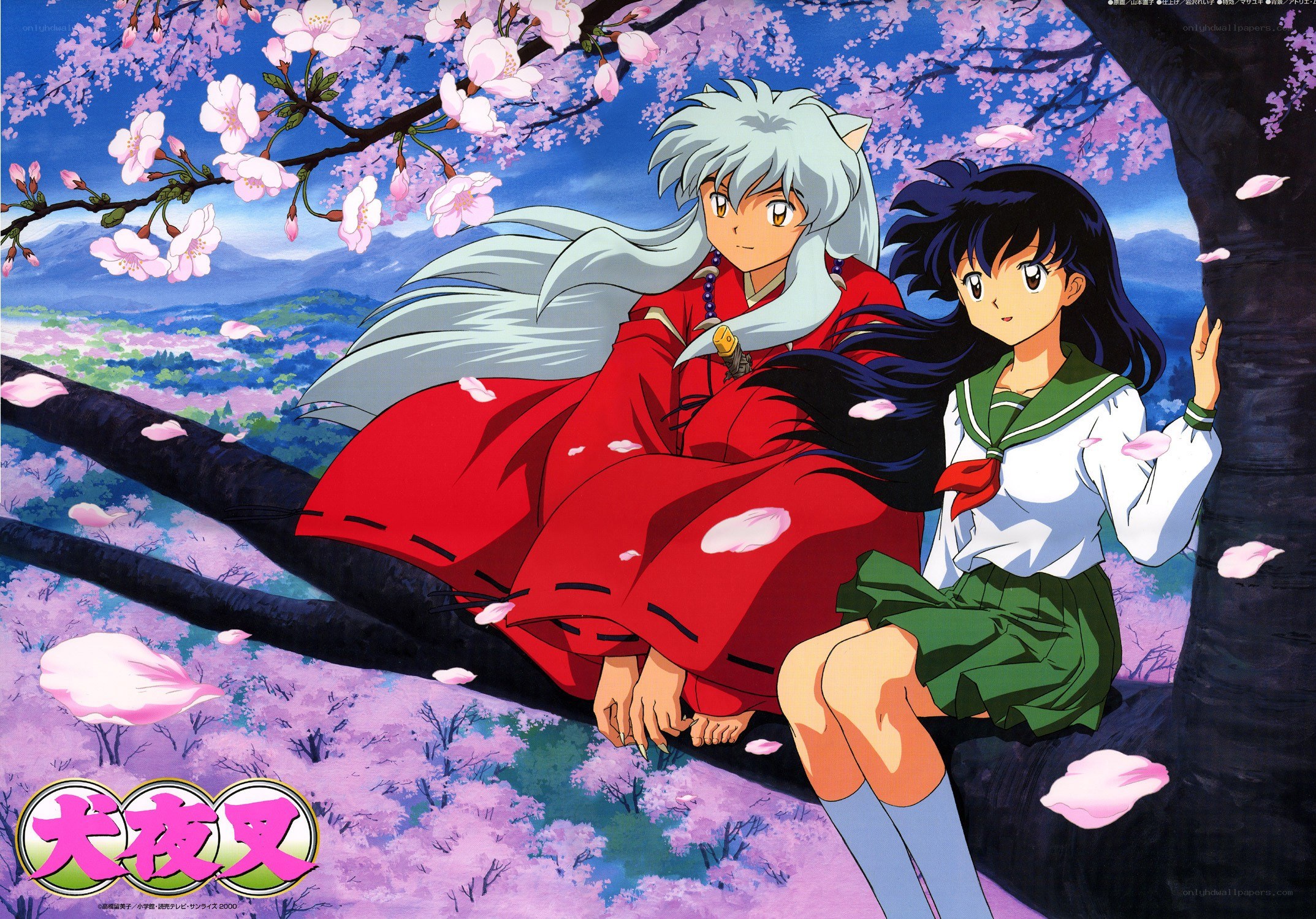 Inuyasha and Kagome under cherry blossoms