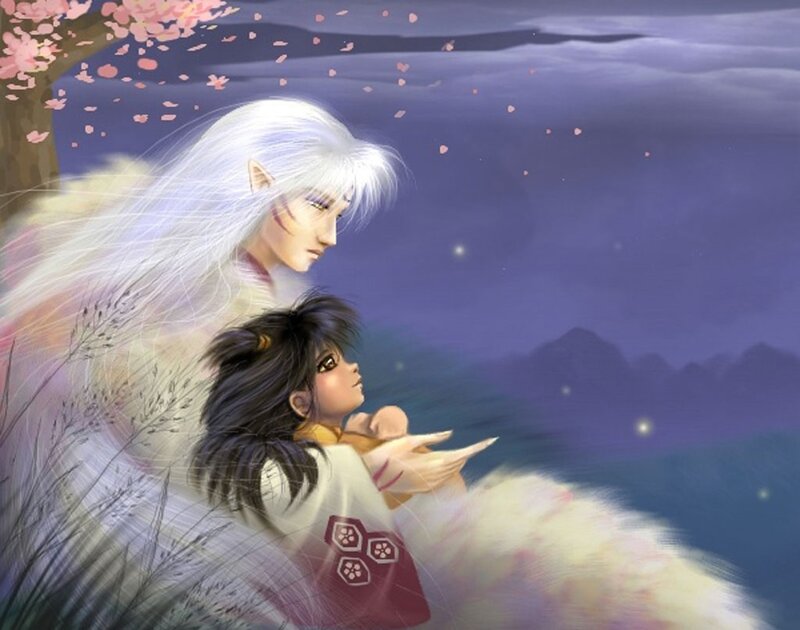 Inuyasha and Kagome under cherry blossoms